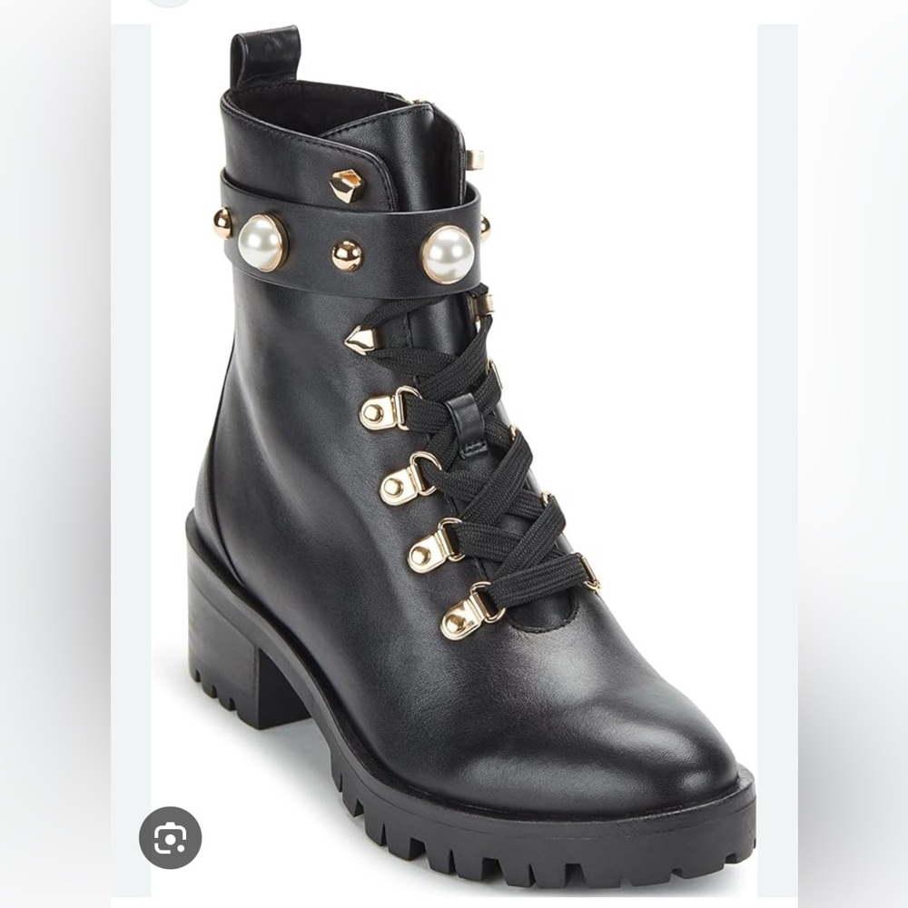 Karl Lagerfeld Perry boot, black leather pearls combat, laces zipper, size 7.5